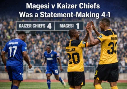 Create a realistic image: Minimum 1200px wide Alt text: " Magesi v Kaizer Chiefs Was a Statement-Making 4-1 " ☐ Alt text describes image naturally and includes keyword..... add text on image
