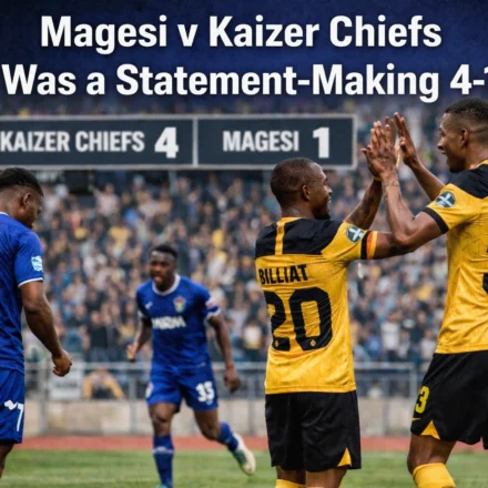 Create a realistic image: Minimum 1200px wide Alt text: " Magesi v Kaizer Chiefs Was a Statement-Making 4-1 " ☐ Alt text describes image naturally and includes keyword..... add text on image