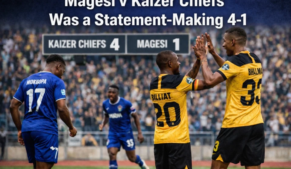 Create a realistic image: Minimum 1200px wide Alt text: " Magesi v Kaizer Chiefs Was a Statement-Making 4-1 " ☐ Alt text describes image naturally and includes keyword..... add text on image